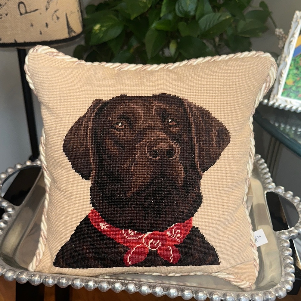 Charming chocolate lab needlepoint Accent Pillow with Red Scarf ♥️